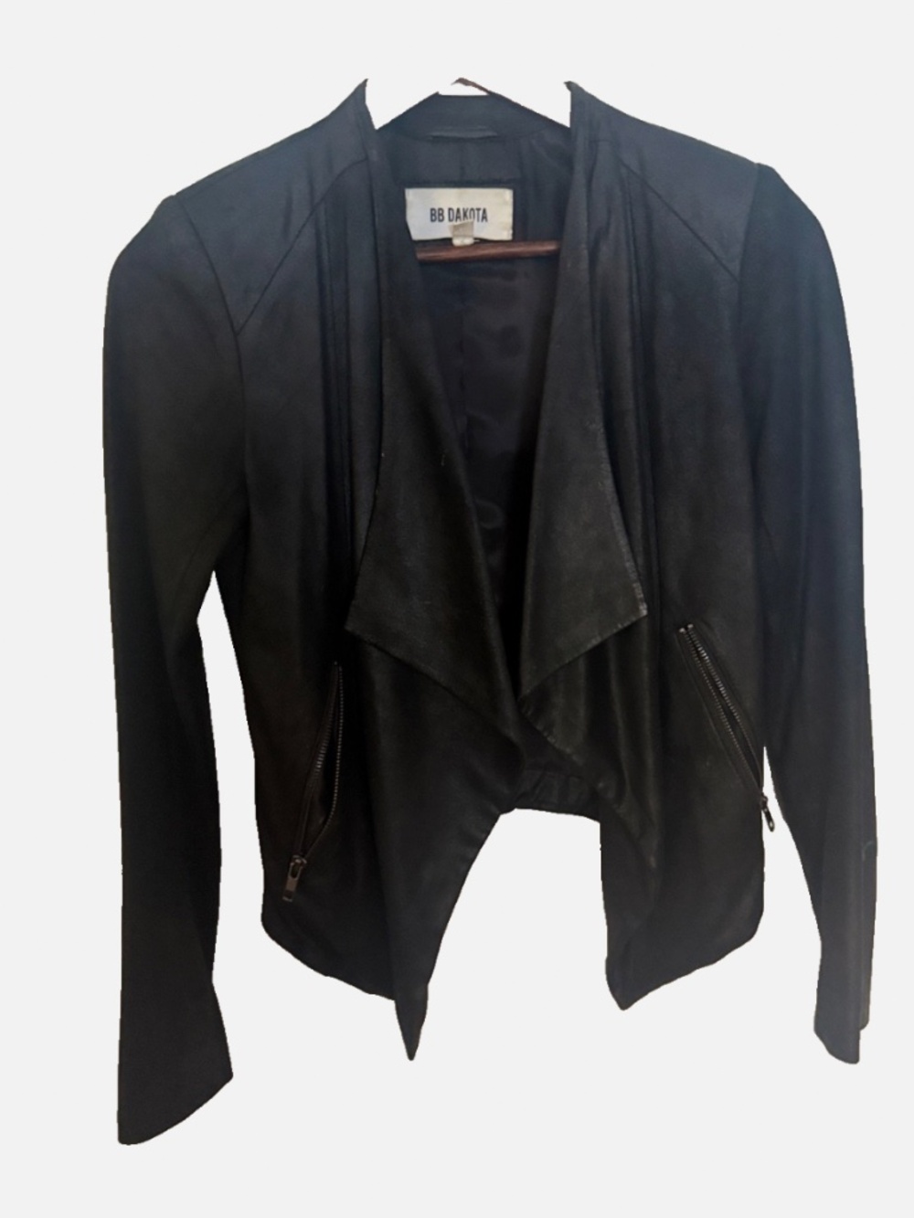 B.B Dakota women’s Brycon Black Leather Open Front Drape Jacket size XS